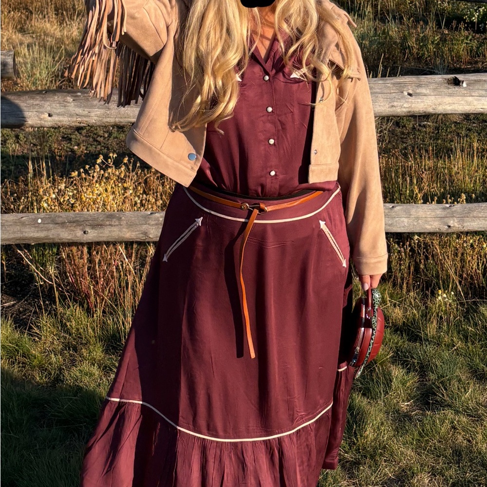 Western Elegance Burgundy Maxi Skirt Set